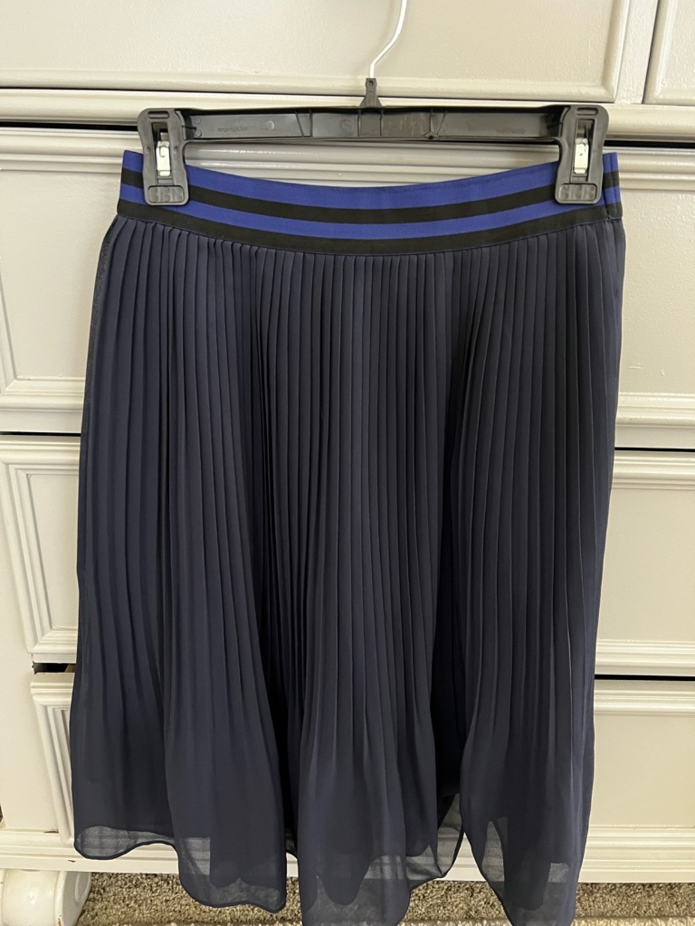 A New Day Pleated Navy Blue Midi Skirt with Stripe Elastic Waistband